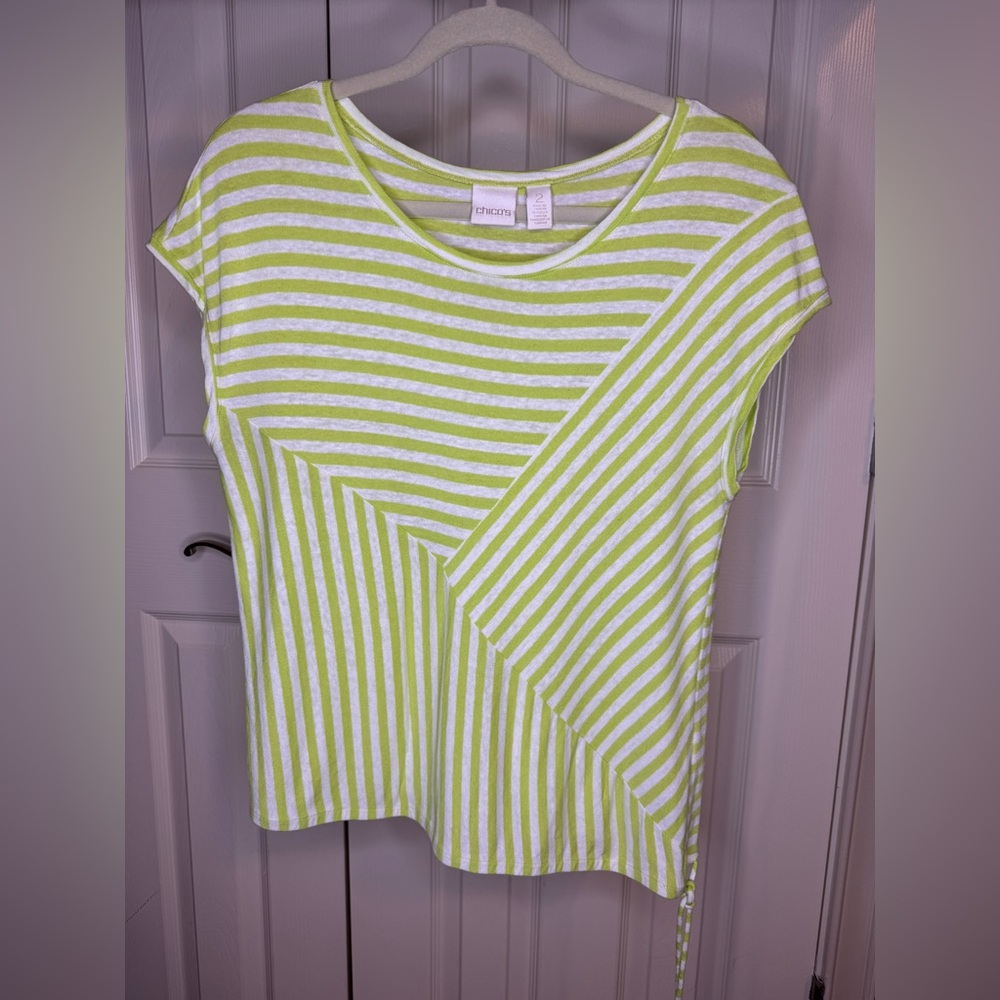 Chico’s cap sleeve green/white striped blouse women size large
